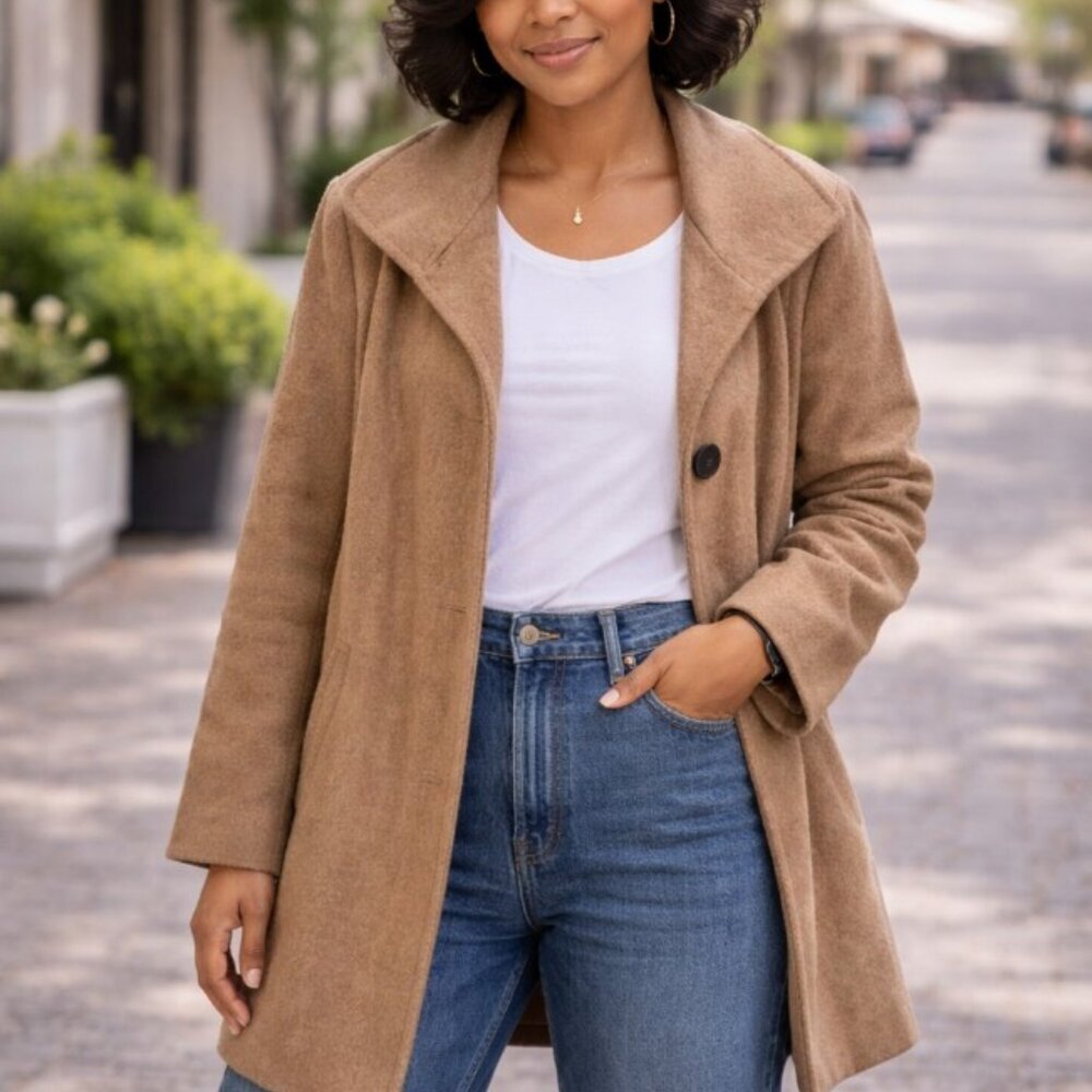 Ellen Tracy Camel  Wheat Tan Wool Angora Blend Pea Coat Jacket Size 14W